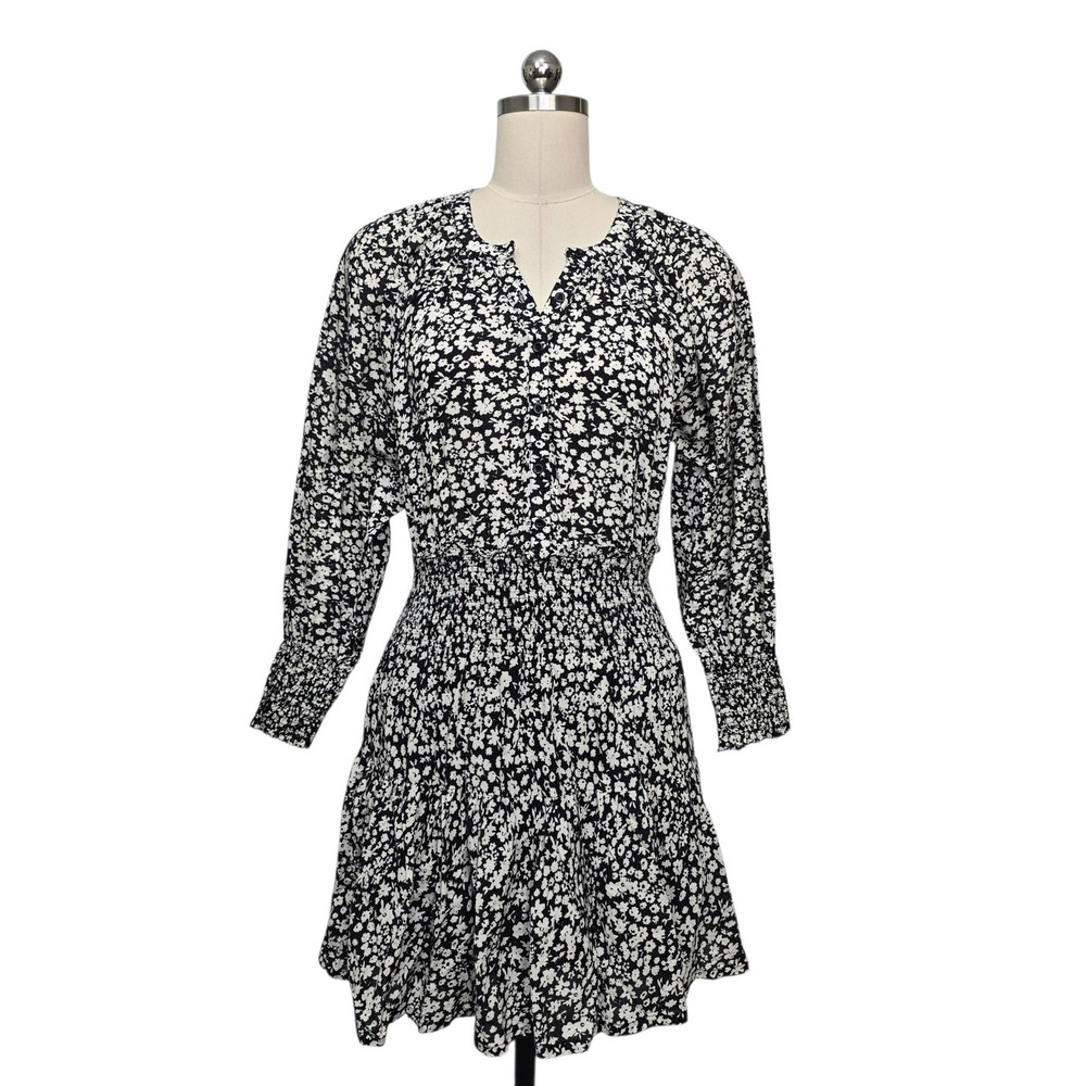Apiece Apart Black White Floral Organic Cotton Smocked Mini Dress Size XS